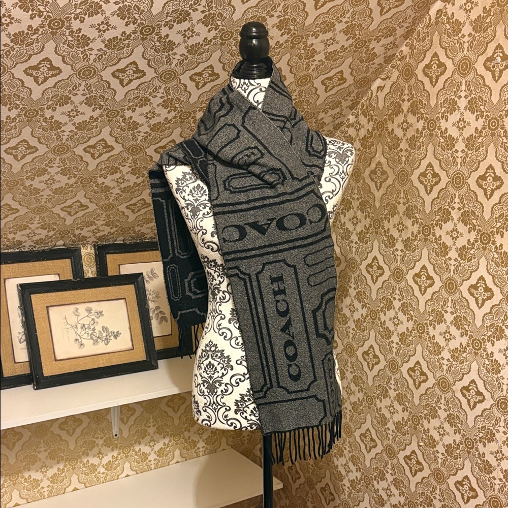 Coach Wool Cashmere Logo Scarf Gray Black